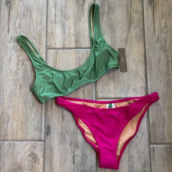 J. Crew Green Hot Pink Fuchsia Cheeky Medium Bikini Swimsuit Bathing Suit NWT - Picture 1 of 2